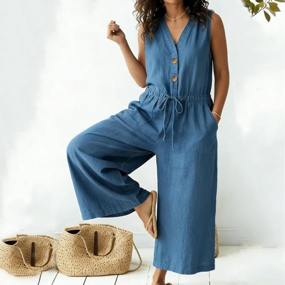 Cutuoiiu Women's Sleeveless Cotton Linen Blend V-Neck Button Detail Drawstring Waist Casual Wide Leg Jumpsuit with Pockets Gifts
