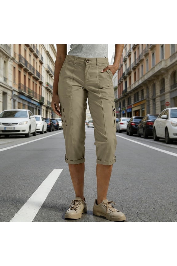 Women's Solid Color Capri Cargo Pants with Pockets Elastic Waist Casual Trousers for Daily Wear & Summer Gifts