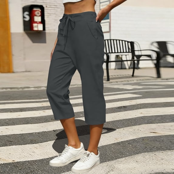Cutuoiiu Women's Solid Color Capri Pants Cotton Linen Blend Elastic Drawstring Waist Casual 7/8 Length Trousers with Pockets Gifts