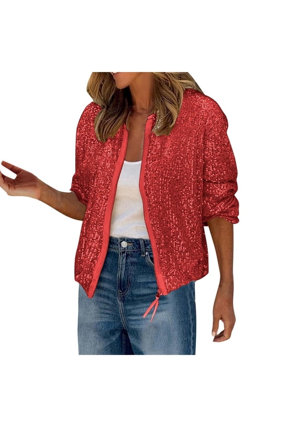 Women's Solid Color Casual Sequin Sparkly Long-Sleeved Zipper Lightweight Blazer Glitter Bomber Jackets with Pockets Gifts
