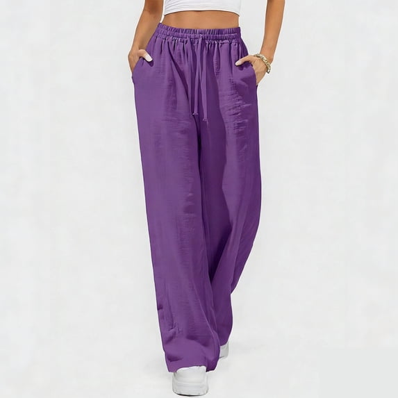 Cutuoiiu Women's Solid Color Drawstring Waist Cotton Linen Pants with Pockets Casual Ruched Wide Leg Trousers Gifts