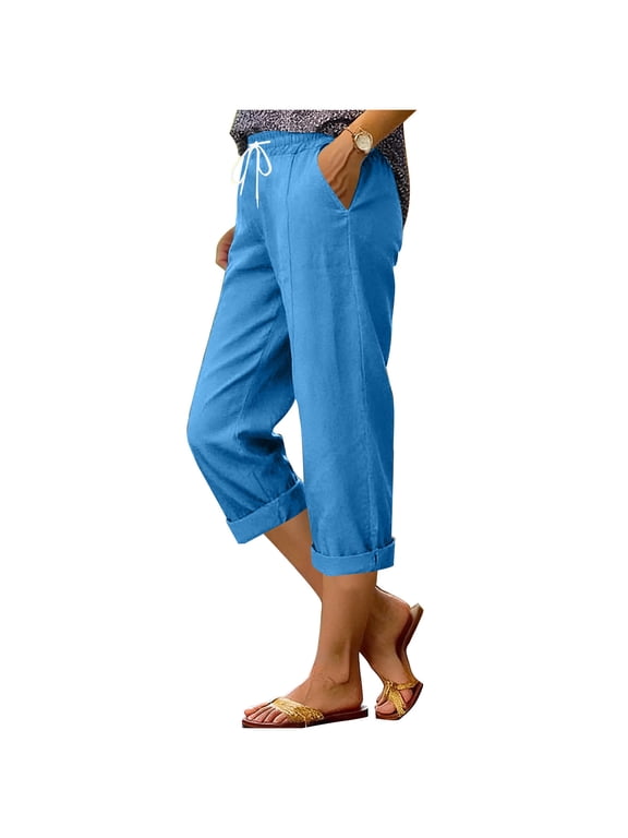 Women's Solid Color High Elastic Waist Imitation Cotton Linen Comfortable Straight Leg Capris Pants with Pockets Gifts