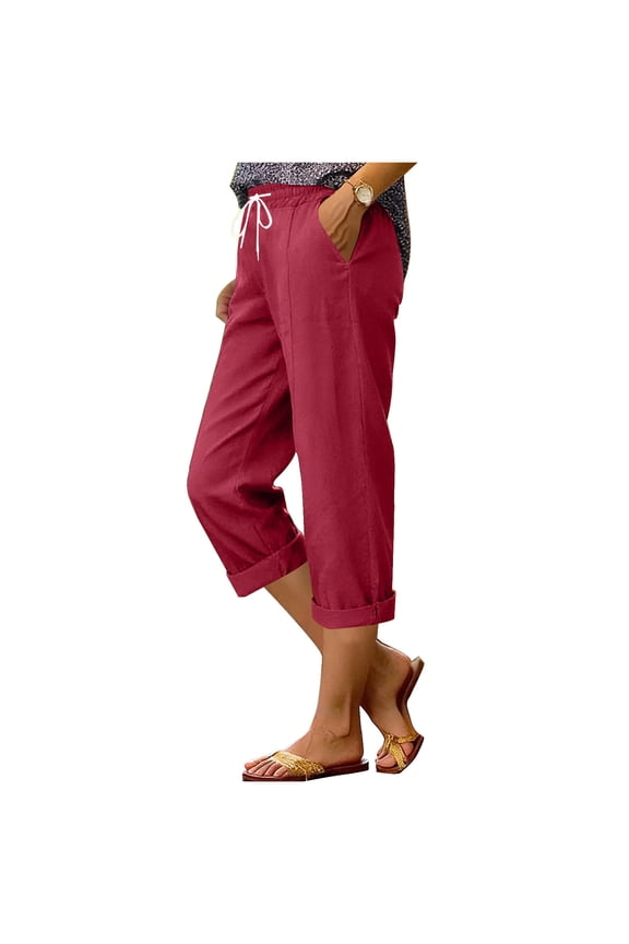 Women's Solid Color High Elastic Waist Imitation Cotton Linen Comfortable Straight Leg Capris Pants with Pockets Gifts
