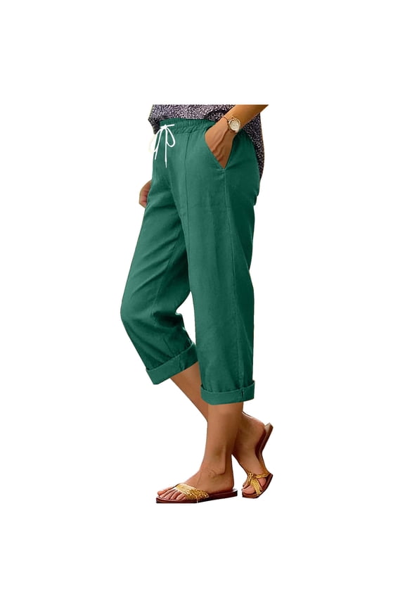 Women's Solid Color High Elastic Waist Imitation Cotton Linen Comfortable Straight Leg Capris Pants with Pockets Gifts
