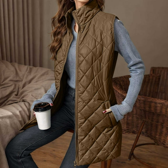 Cutuoiiu Women's Solid Color Sleeveless Jacket Quilted Lightweight Zip Pockets Vest Jacket Gifts