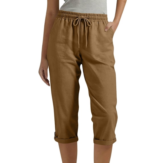 Cutuoiiu Women's Solid Color Summer Cotton Linen Capri Pants, Elastic Drawstring Waist Cropped Trousers with Pockets Gift