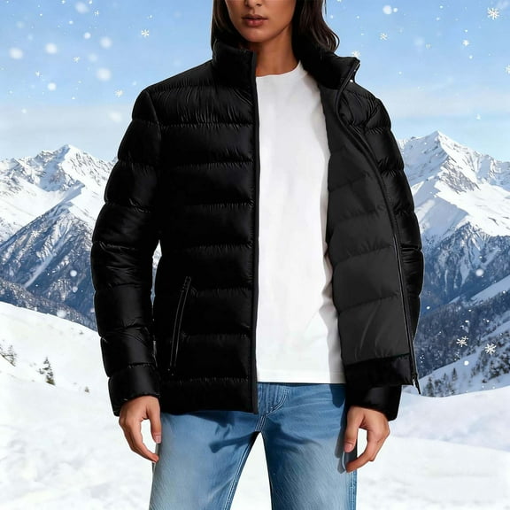 Cutuoiiu Women's Solid Color Zip-Up Stand Collar Quilted Coat with Pockets Long Sleeve Casual Jackets Gifts