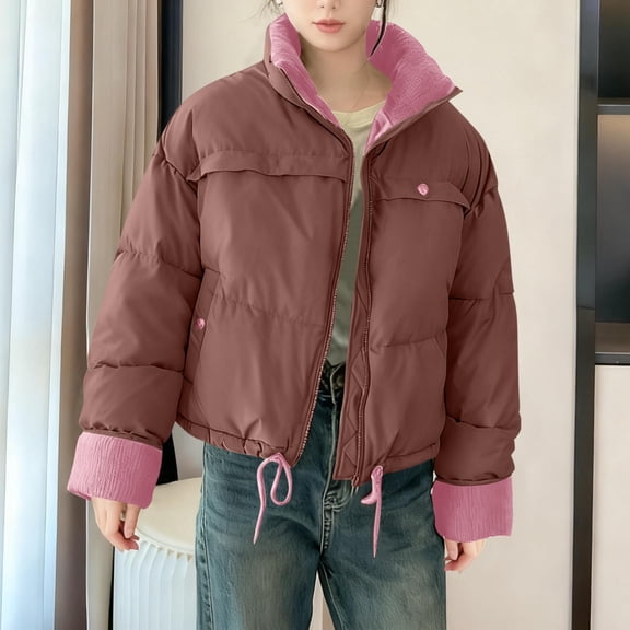 Cutuoiiu Women's Solid Color Zip-Up Stand Collar Quilted Coat with Pockets Long Sleeve Casual Jackets Gifts