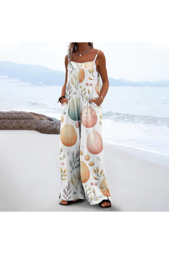 Womens Easter Print Sleeveless Jumpsuit Loose Fit Wide Leg Overalls with Pockets Gifts