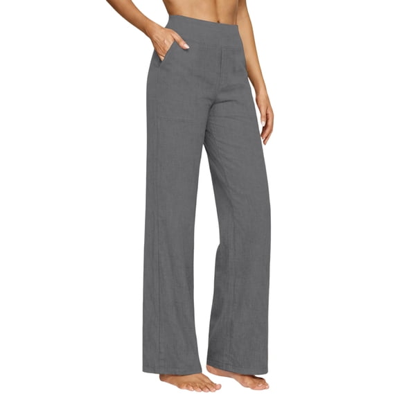 Cutuoiiu Womens High Waisted Solid Color Wide Leg Pants, Cotton Linen Blend Straight Leg Trousers with Pockets, Casual Pants for Summer Vacation Daily