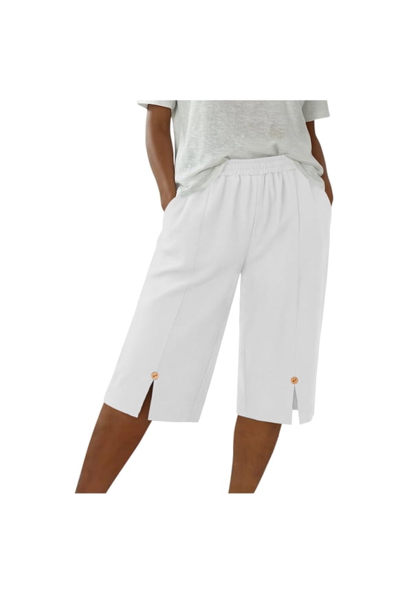 Womens Solid Color Cotton Blend Capri Pants Elastic Waist Split Hem Pants with Button Detail and Pockets