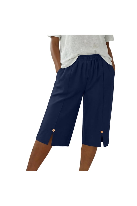 Womens Solid Color Cotton Blend Capri Pants Elastic Waist Split Hem Pants with Button Detail and Pockets