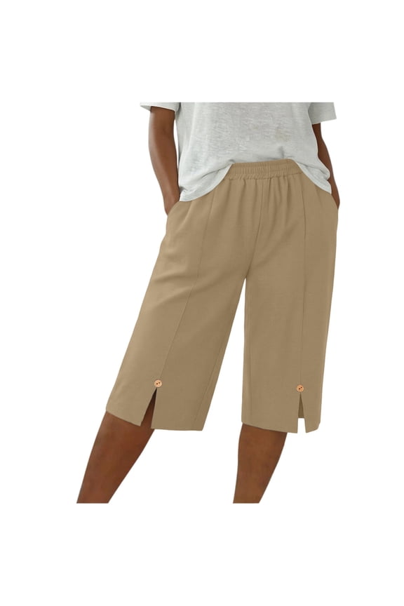 Womens Solid Color Cotton Blend Capri Pants Elastic Waist Split Hem Pants with Button Detail and Pockets