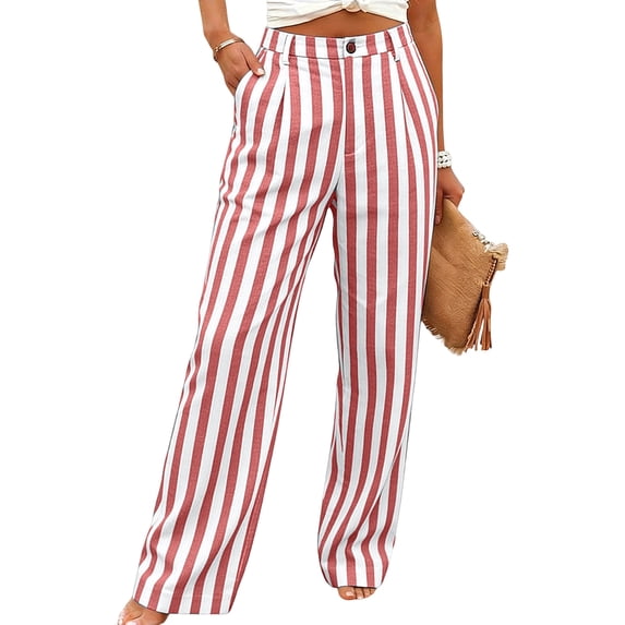 Cutuoiiu Womens Striped Cotton Pants Button Waist Straight Leg Trousers with Pockets for Casual Wear