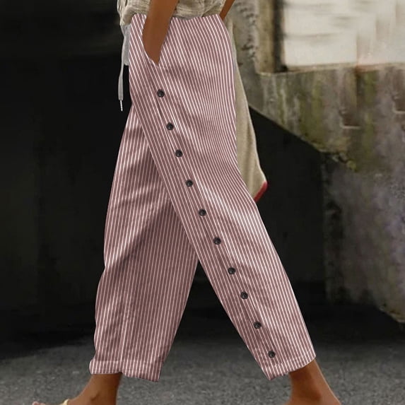 Cutuoiiu Womens Striped Pants Drawstring Elastic Waist Casual Trousers with Side Buttons and Pockets