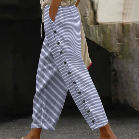 Cutuoiiu Womens Striped Pants Drawstring Elastic Waist Casual Trousers with Side Buttons and Pockets