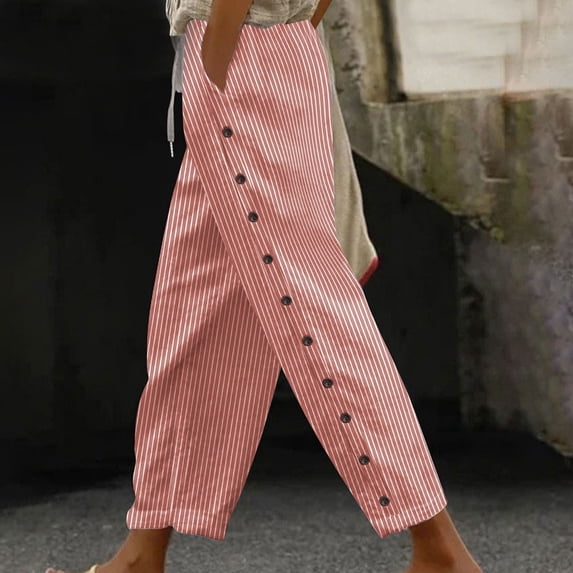 Cutuoiiu Womens Striped Pants Drawstring Elastic Waist Casual Trousers with Side Buttons and Pockets