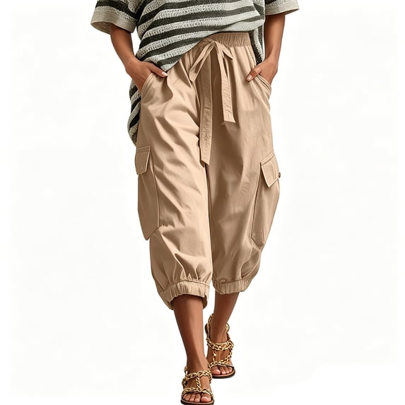 Cutuoiiu Womens Summer Cargo Capri Pants High Waist Drawstring Elastic Waist Loose Fit Casual Pants with Utility Pockets