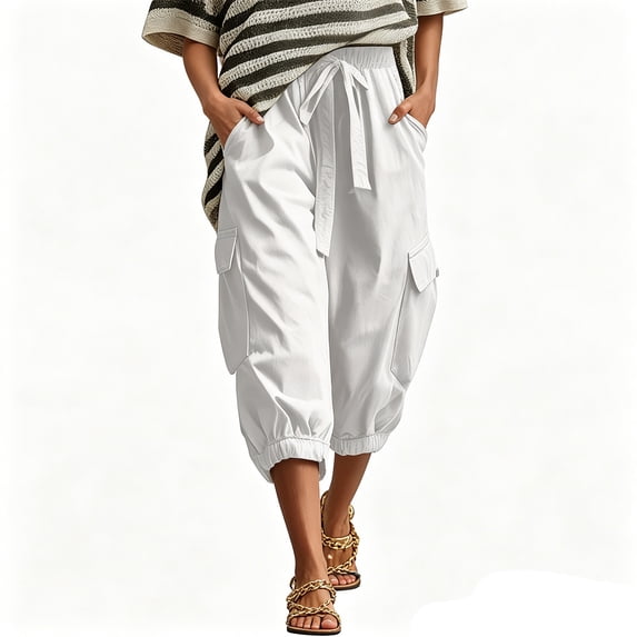 Cutuoiiu Womens Summer Cargo Capri Pants High Waist Drawstring Elastic Waist Loose Fit Casual Pants with Utility Pockets