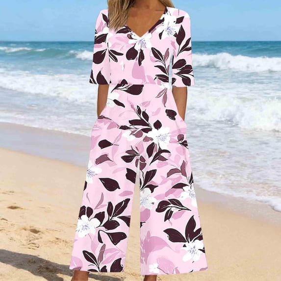 Cutuoiiu Womens Summer Floral Print Jumpsuit V-neck Back Zipper Wide Leg Pants with Pockets Gifts