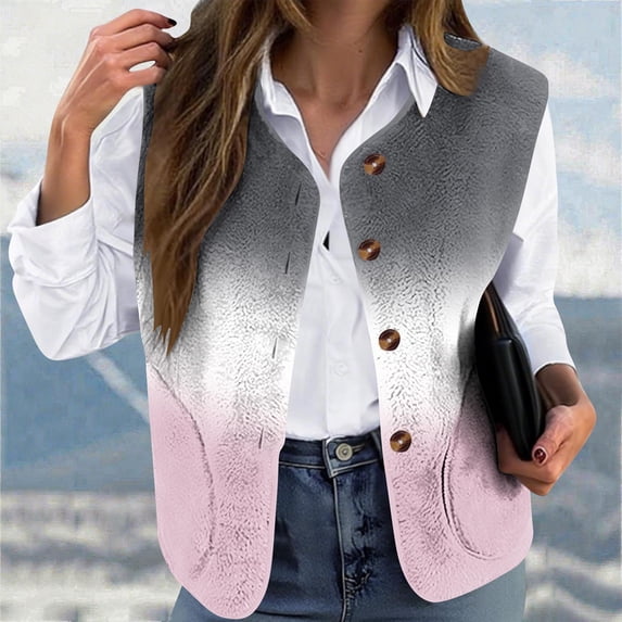 Cutuoiiu Womens Tops Fleece Vest Button Down Sleeveless Winter Coats Daily Printed Loose Warm Coat Gifts for Women