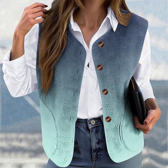 Cutuoiiu Womens Tops Fleece Vest Button Down Sleeveless Winter Coats Daily Printed Loose Warm Coat Gifts for Women