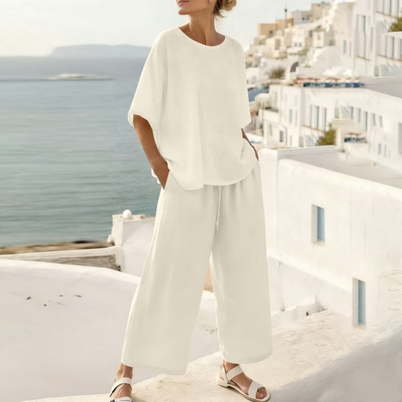 Cutuoiiu Womens Two Piece Outfit Solid Color Round Neck Short Sleeve Top and Wide Leg Pants Set for Daily Wear Gift