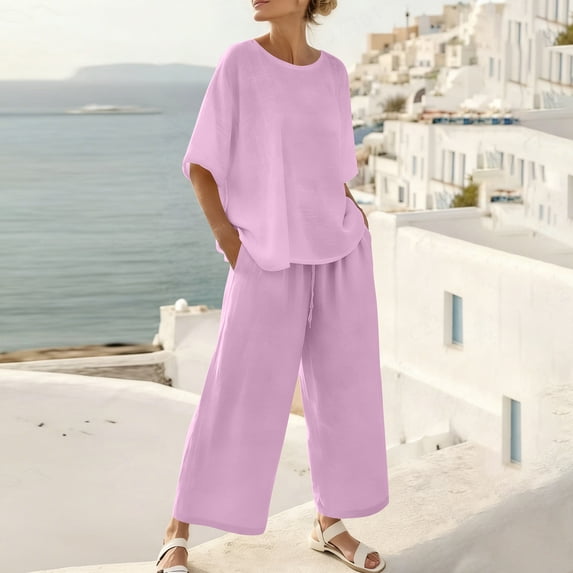 Cutuoiiu Womens Two Piece Outfit Solid Color Round Neck Short Sleeve Top and Wide Leg Pants Set for Daily Wear Gift