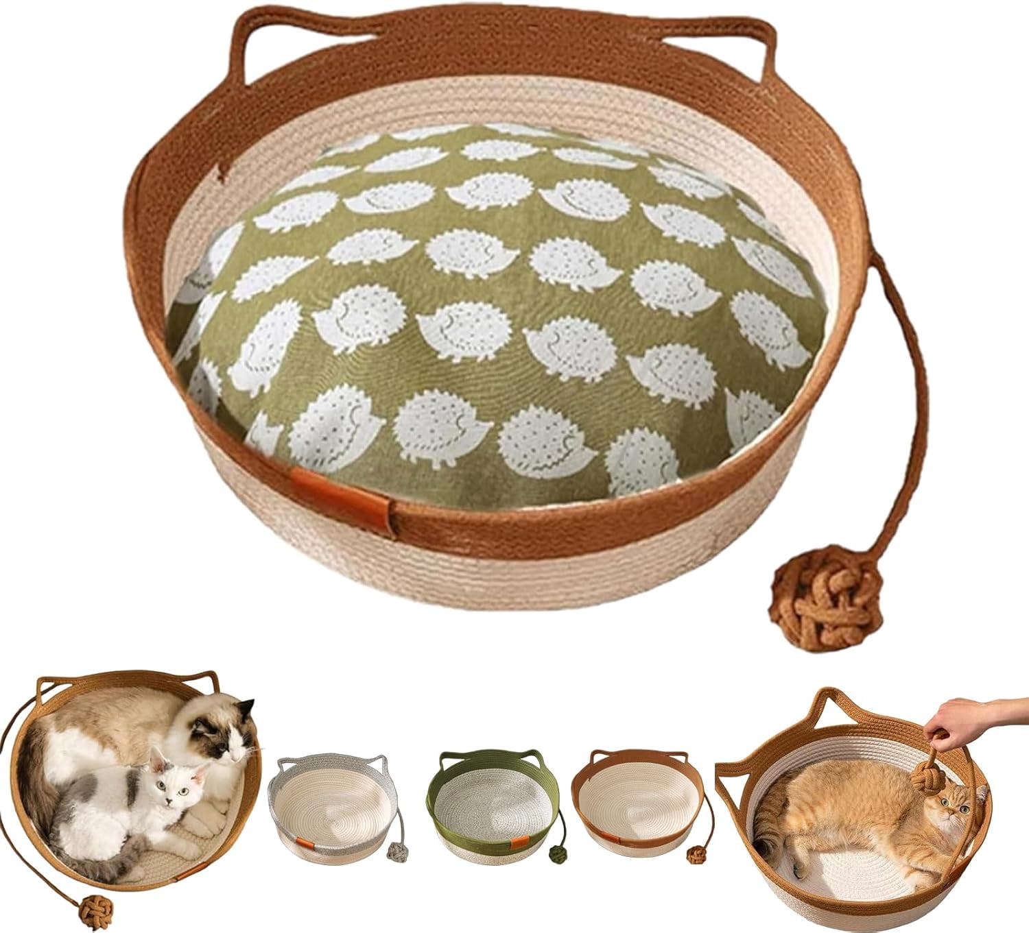 Handwoven Cat Basket,Foldable Cotton Rope Cats Toy Bed with Teasing Ball,for Small & Large Dog