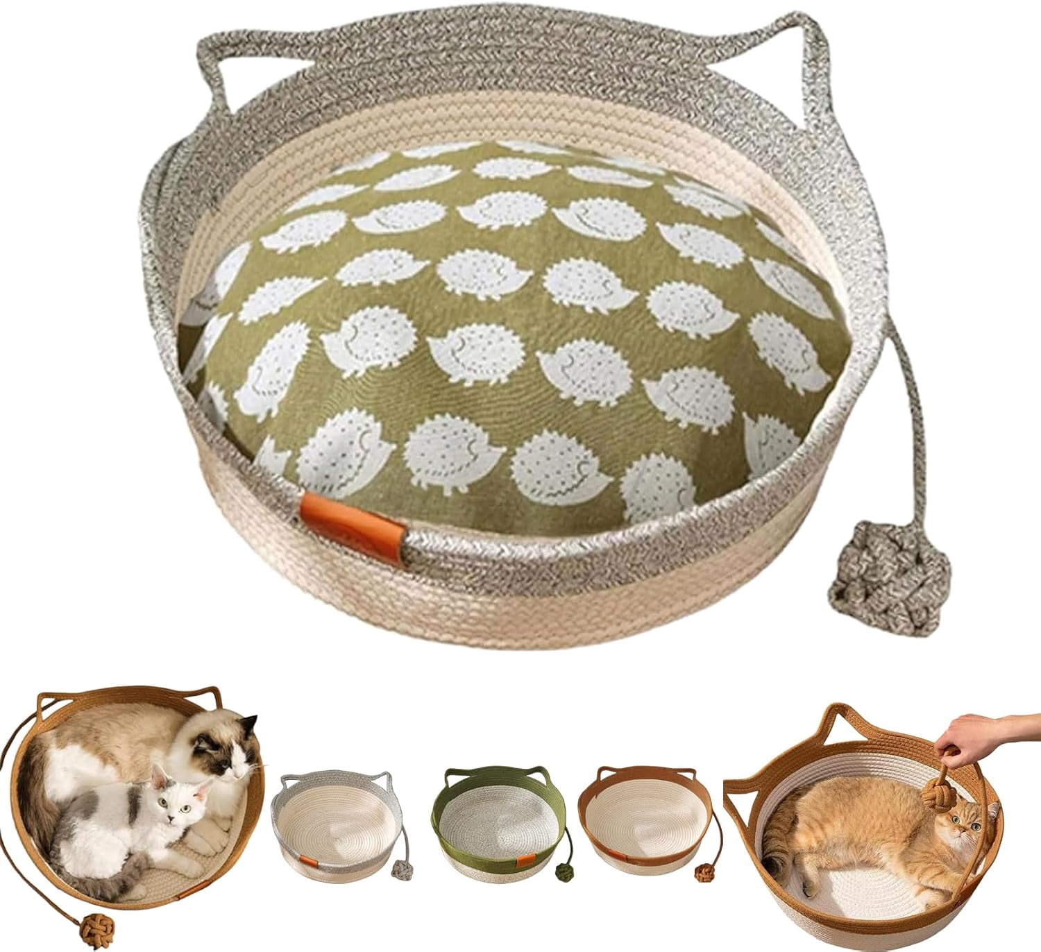 Handwoven Cat Basket,Foldable Cotton Rope Cats Toy Bed with Teasing Ball,for Small & Large Dog