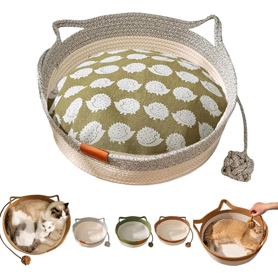 Handwoven Cat Basket,Foldable Cotton Rope Cats Toy Bed with Teasing Ball,for Small & Large Dog