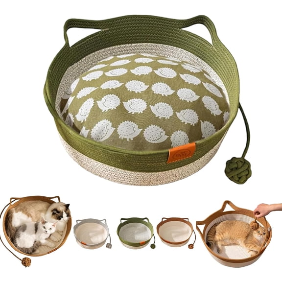 Cutypet Cat Basket, Cutypet Cat Basket Bed, Cats Toy Baskets, Handwoven Cotton Rope Cats Bed, Teasing Ball, for Small & Large Dog (Green+Cushion, Small)