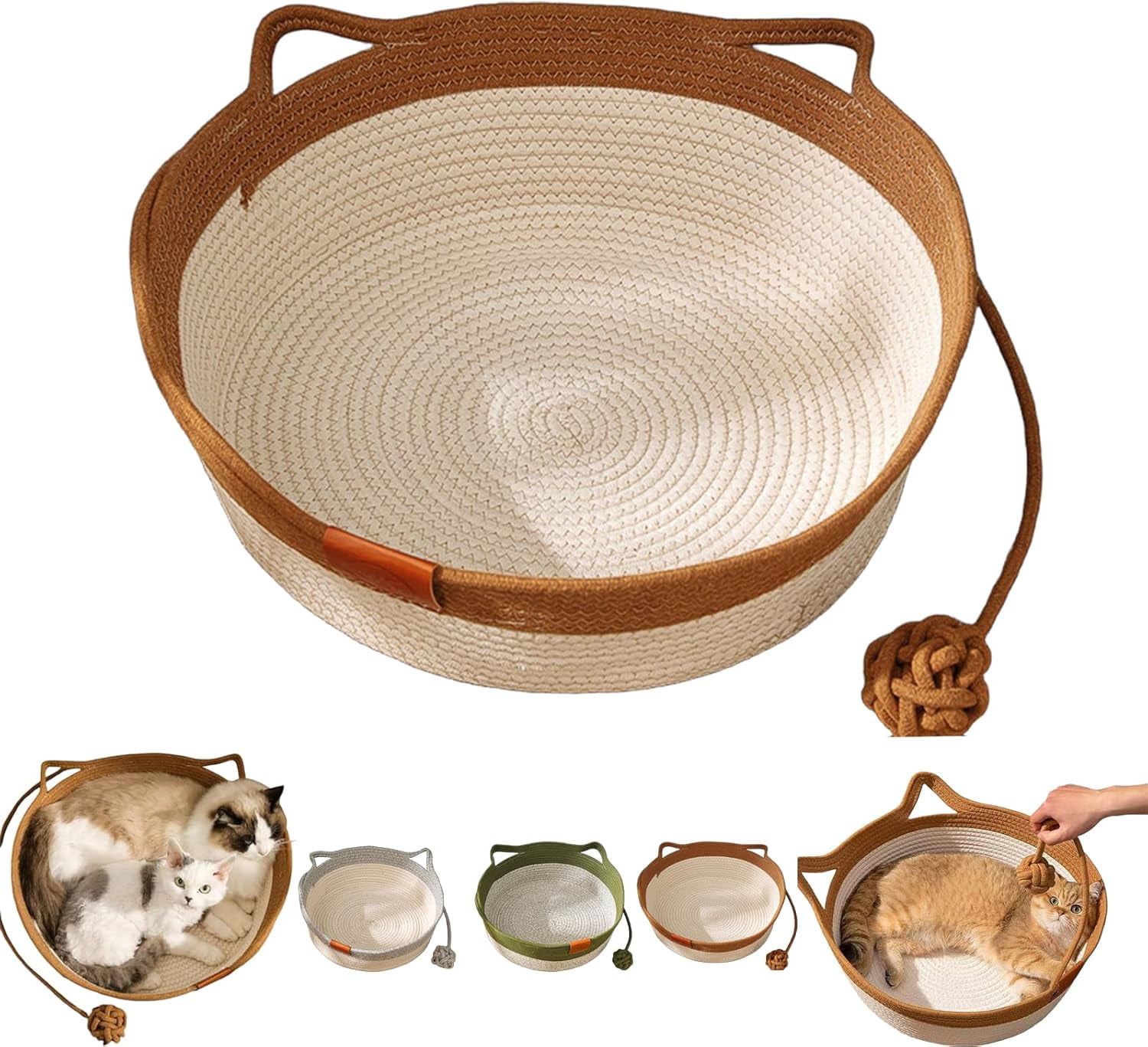 Handwoven Cat Basket,Foldable Cotton Rope Cats Toy Bed with Teasing Ball,for Small & Large Dog