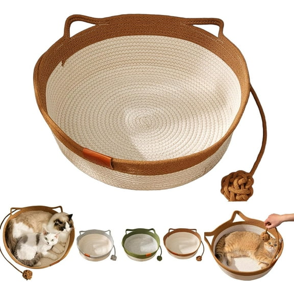 Cutypet Cat Basket, Cutypet Cat Basket Bed, Cats Toy Baskets, Handwoven Cotton Rope Cats Bed, Teasing Ball, for Small & Large Dog (Brown, Small)