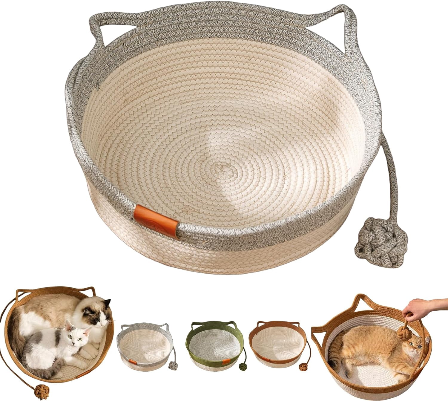 Handwoven Cat Basket,Foldable Cotton Rope Cats Toy Bed with Teasing Ball,for Small & Large Dog