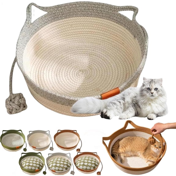 Cutypet Cat Basket, Cutypet Cat Bed Rope Cotton, Handwoven Basket for Indoor Cats with Play Rope, Built-in Washable Breathable Cushion, Foldable Scratchable