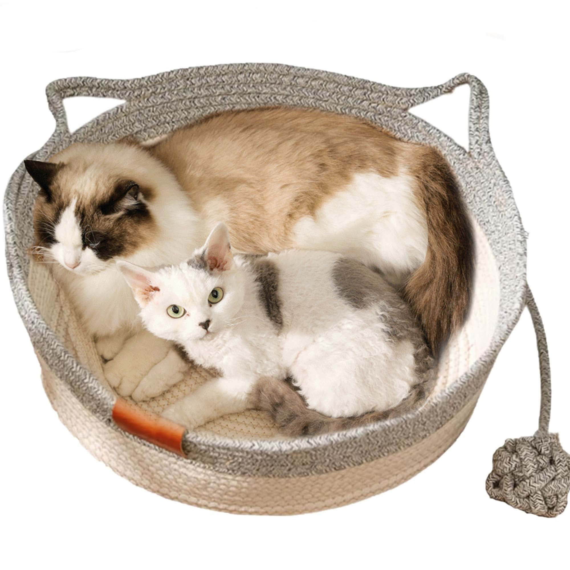 Cutypet Cat Basket,Handwoven Cotton Rope Woven Cat Bed Basket, Toy Tail For Small & Large Cat & Dogdouble Sided Mat For All Seasons