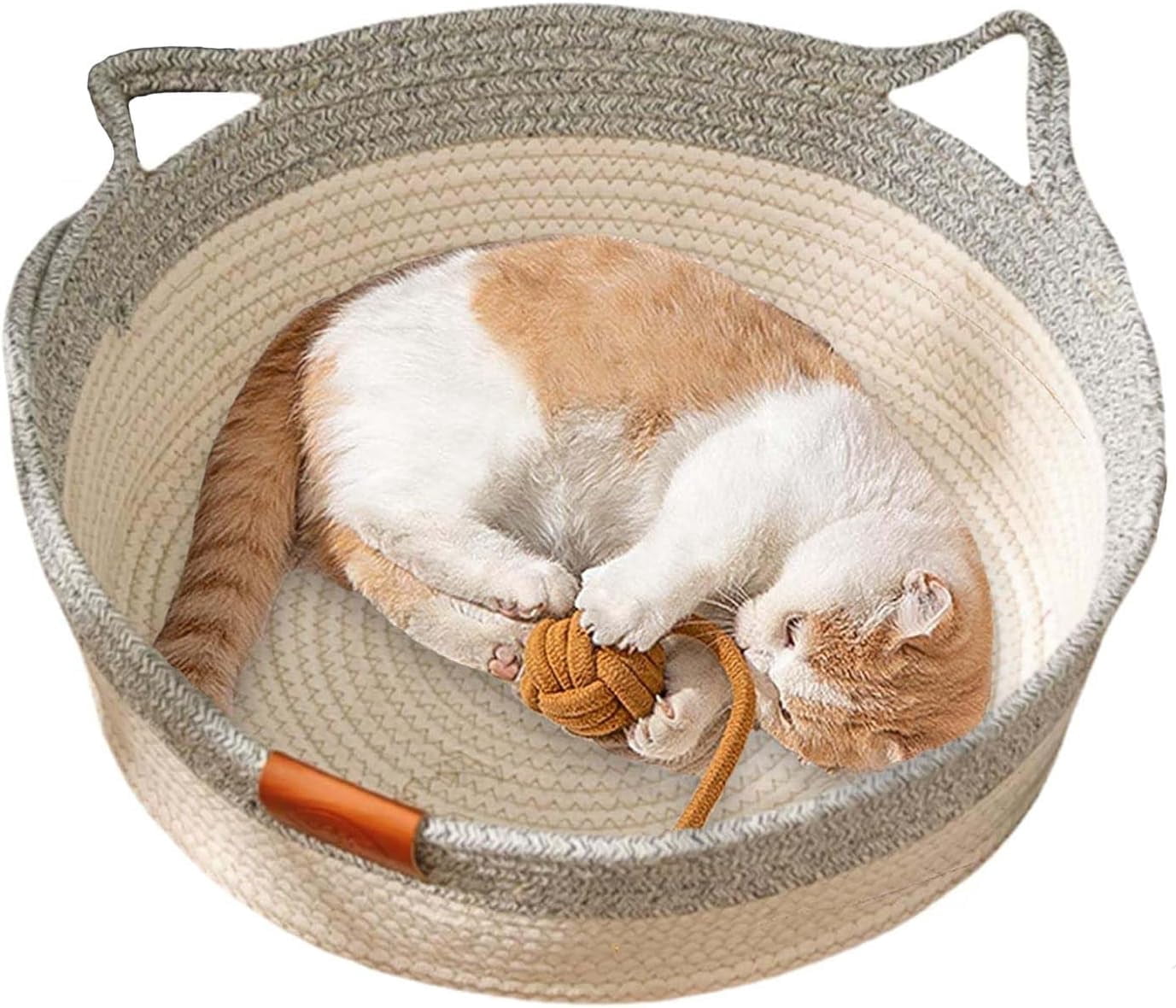 Cat Basket, Wicker Woven Cats Bed, Cotton Rope Weaving Pet Nest, Handwoven Breathable Durable Natural Rattan Cats Sleeping House with Toy Tail for Small & Large Cat & Dog