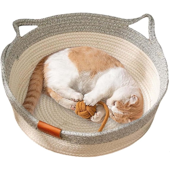 Cat Basket, Wicker Woven Cats Bed, Cotton Rope Weaving Pet Nest, Handwoven Breathable Durable Natural Rattan Cats Sleeping House with Toy Tail for Small & Large Cat & Dog
