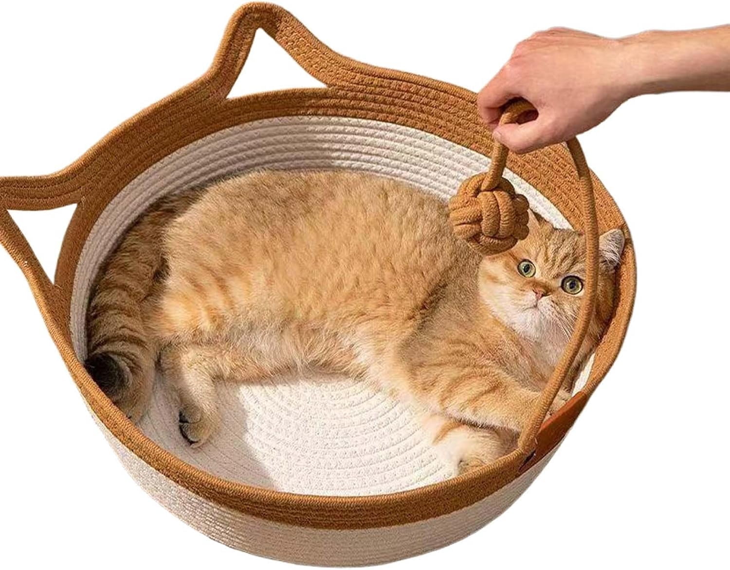 Cat Basket, Wicker Woven Cats Bed, Cotton Rope Weaving Pet Nest, Handwoven Breathable Durable Natural Rattan Cats Sleeping House with Toy Tail for Small & Large Cat & Dog