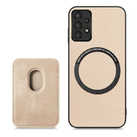 Cutyskin Carbon Fiber Texture PU Leather Case for Samsung Galaxy A32 5G, with Detachable Card Holder, Compatible Magsafe Charging, Ultra Thin Design Shockproof Phone Case for Galaxy A32 5G, Khaki