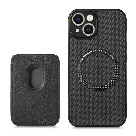 Cutyskin Carbon Fiber Texture PU Leather Case for iPhone 14, with Detachable Card Holder, Compatible Magsafe Charging, Ultra Thin Design Shockproof Phone Case for iPhone 14, Black