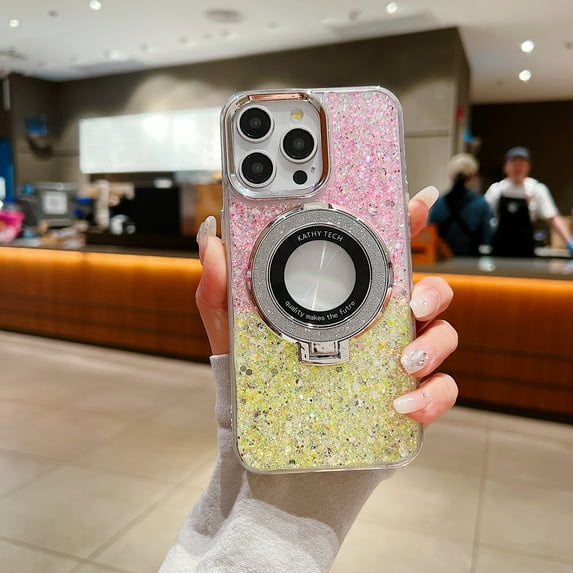 Cutyskin Case Designed for iPhone 14 with Ring Holder Kickstand – Gradient Glitter Shockproof Protection for Wireless Charging Phone Cover for iPhone 14 Women Girls, Pink/Yellow