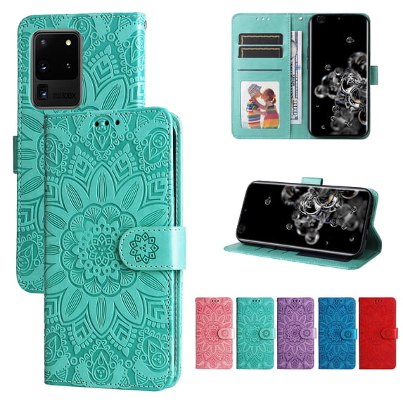 Cutyskin Case for Samsung S20 Ultra, Wallet Case,PU Leather Flip,Kickstand,Double Magnetic Clasp,Embossed Mandala Flower Lanyard Protective PU Leather Cover for Samsung Galaxy S20 Ultra, Green