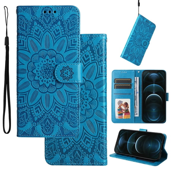 Cutyskin Case for iPhone 12 Pro Max,Wallet Case,PU Leather Flip,Kickstand,Double Magnetic Clasp,Embossed Mandala Flower Lanyard Protective PU Leather Cover For iPhone 12 Pro Max, Blue