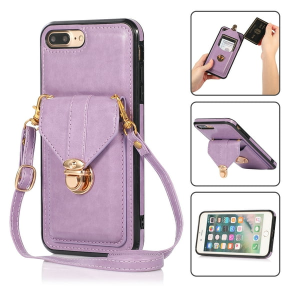 Cutyskin Case for iPhone 7 Plus, iPhone 8 Plus,Luxury Metal Buckle Back Folio Cover [Crossbody & Shoulder Strap][Credit Card Holder][Fashion Design] Shockproof Phone Case, Purple