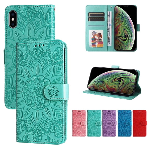 Cutyskin Case for iPhone XS, iPhone X,Wallet Case,PU Leather Flip,Kickstand,Double Magnetic Clasp,Embossed Mandala Flower Lanyard Protective PU Leather Cover For iPhone X/XS, Green