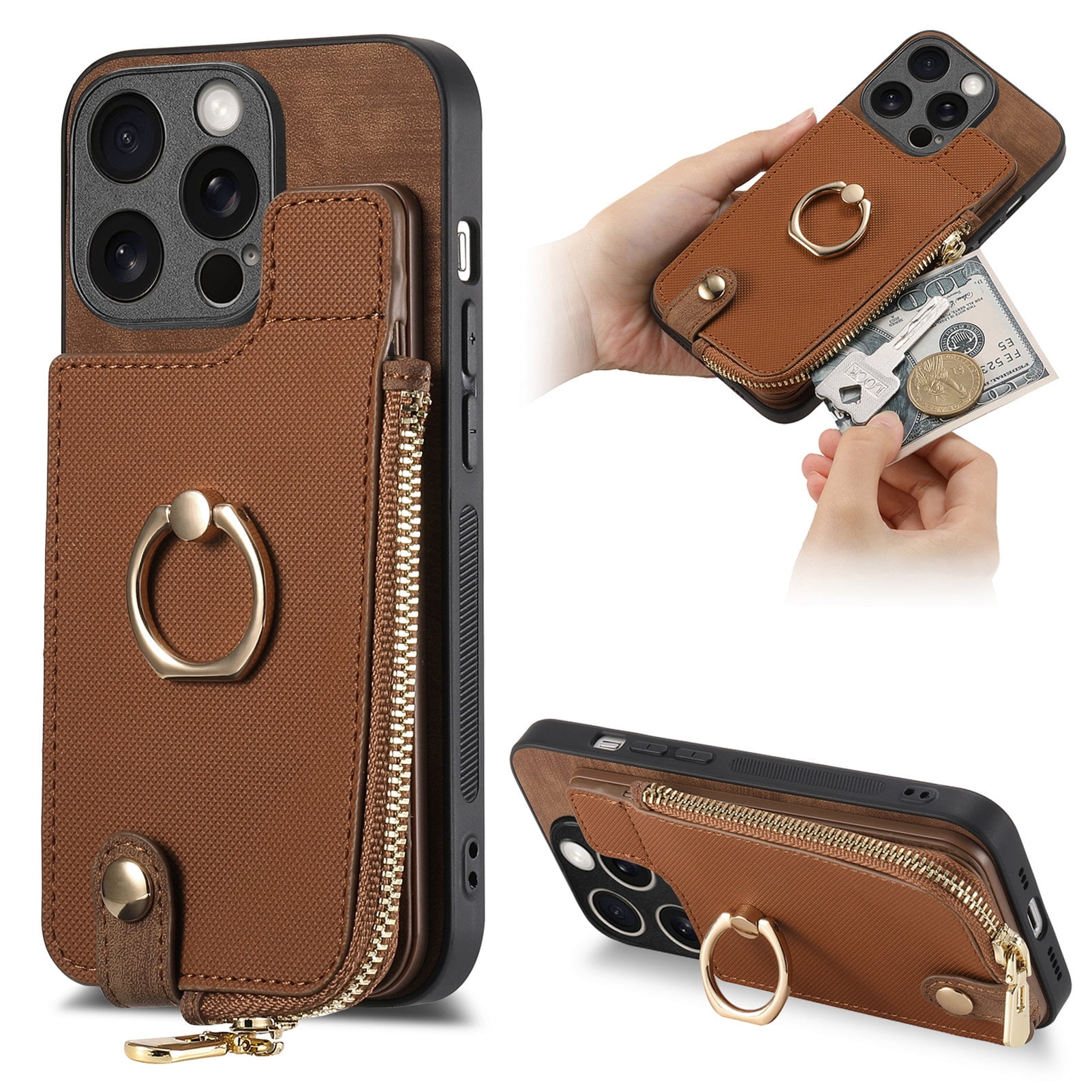 Cutyskin Premium PU Leather Back Case for iPhone 12 mini 360 Rotatable Ring Kickstand Zipper Purse Magnetic Buckle Card Slots Durable Fashionable