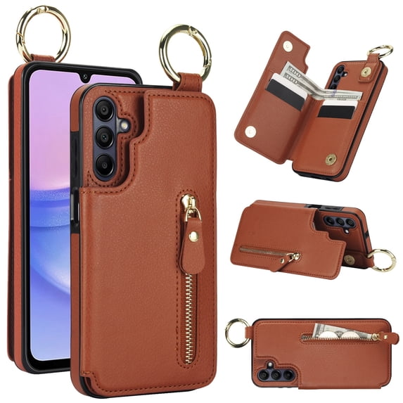 Cutyskin for Samsung Galaxy A25 5G Wallet Case【RFID Blocking】 with Card Holder Cash Pocket Zipper Bills Slot, Soft PU Leather Magnetic Back Folio Kickstand, Finger Ring Holder Hook Case, Brown