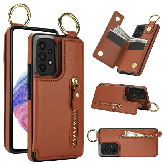 Cutyskin for Samsung Galaxy A52 5G/4G Wallet Case【RFID Blocking】 with Card Holder Cash Pocket Zipper Bills Slot, Soft PU Leather Magnetic Back Folio Kickstand, Finger Ring Holder Hook Case, Brown